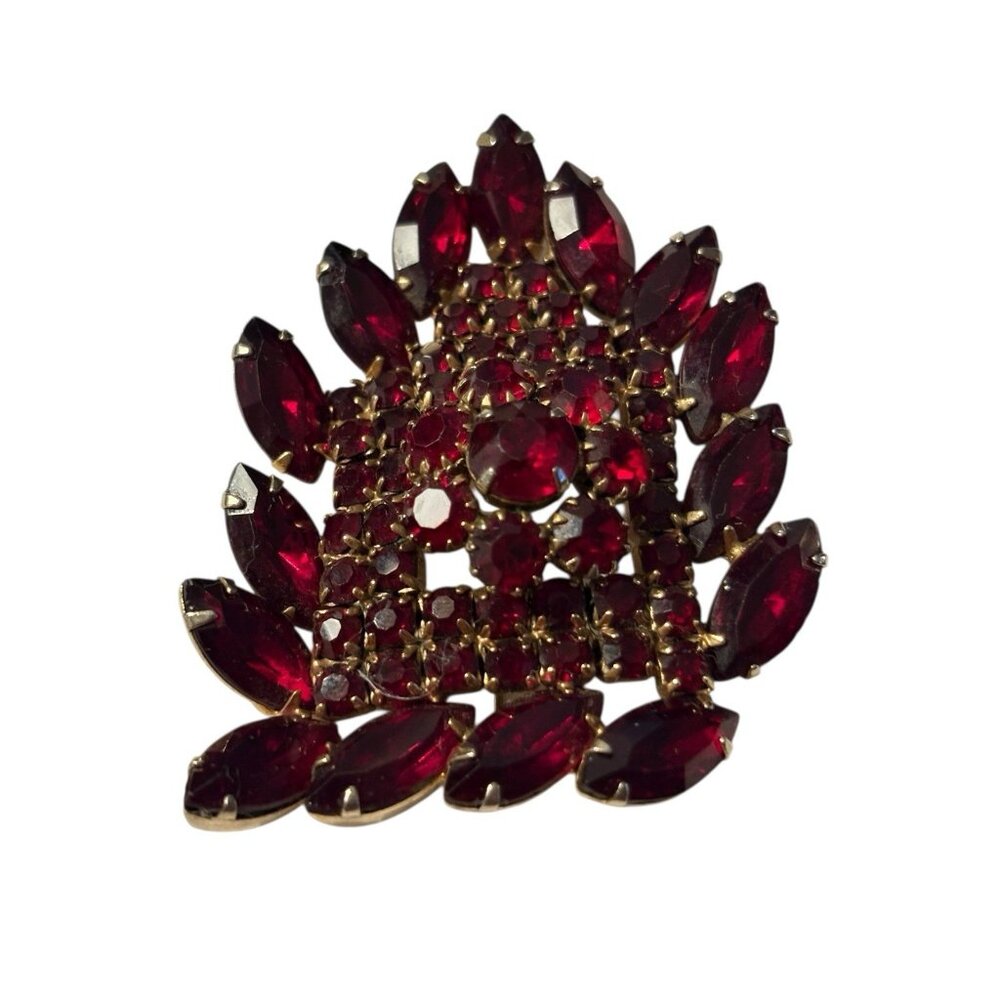 VTG Red Brooch Pin Navette and Round Rhinestone Gold Tone Large Statement Chunky - Picture 16 of 16